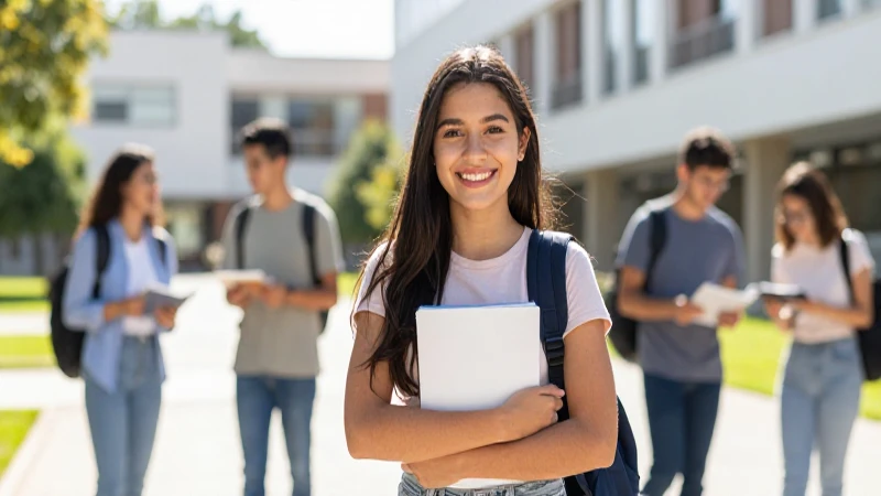 Joven estudiante mexicano sonriente en campus moderno y brillante