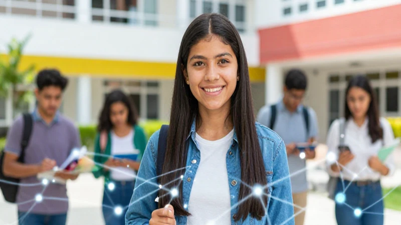 Estudiante mexicano sonriente en campus moderno