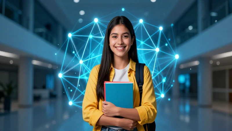 Estudiante mexicana vibrante en entorno universitario moderno