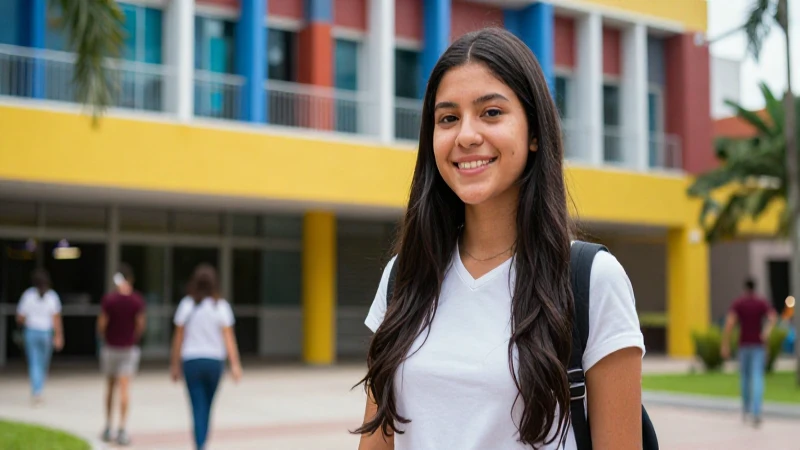 Estudiante brillante en campus moderno y vibrante