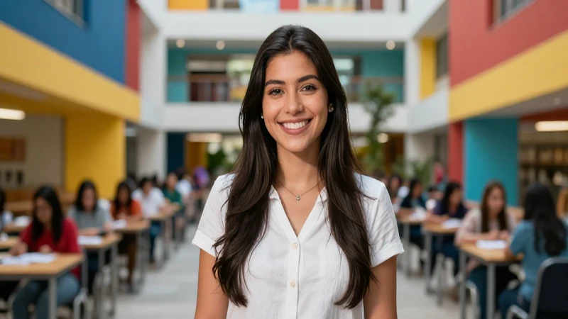 Estudiante mexicana sonriente en entorno académico vibrante