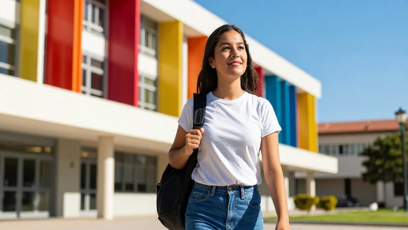 Estudiante mexicano optimista camina por un campus moderno y brillante