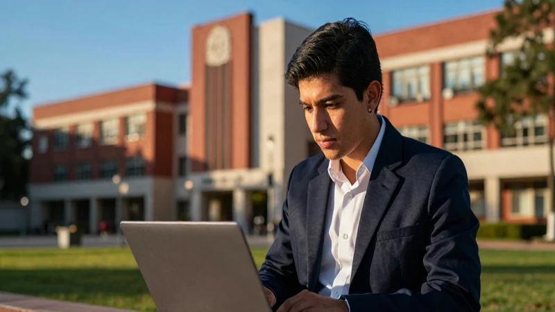 Estudiante mexicano concentrado en campus moderno
