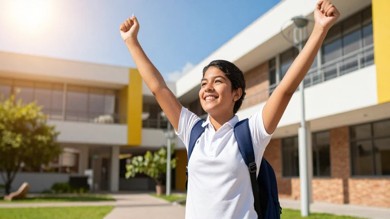 Estudiante mexicano victorioso en campus moderno