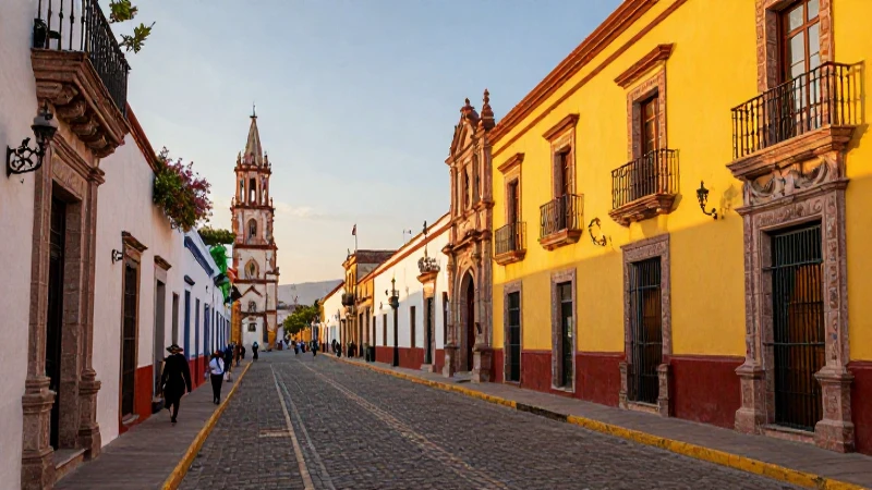 Calles vibrantes de Jalisco bajo luz dorada