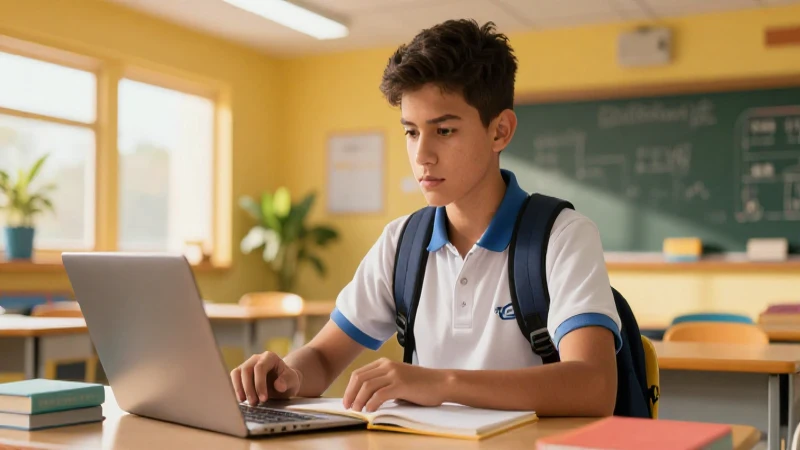 Joven estudiante mexicano en aula futurista