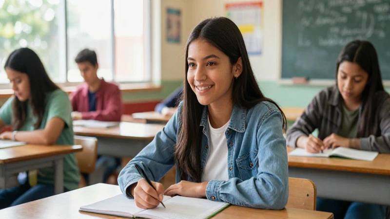 Estudiante mexicano sonriente en aula moderna