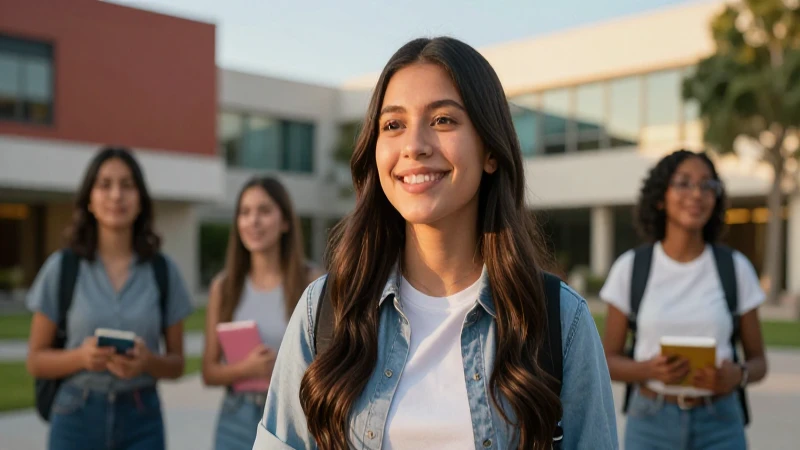 Estudiante mexicana sonriente en campus vibrante