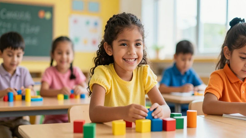 Niña mexicana sonriendo entre bloques coloridos