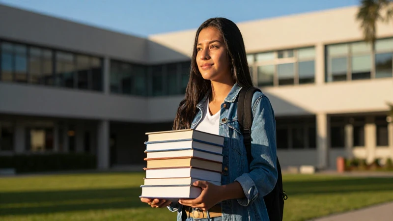 Estudiante mexicano sonriendo entre libros y luz dorada