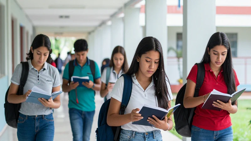 Estudiantes mexicanos brillantes en pasillo escolar moderno