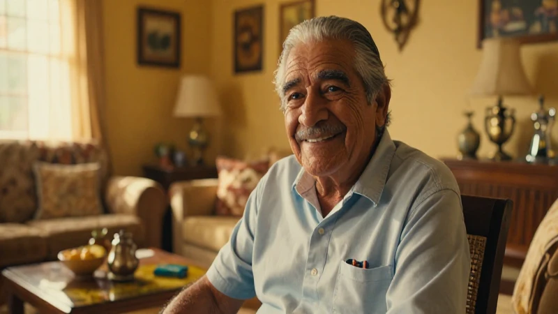 Abuelo mexicano sonriente en casa acogedora