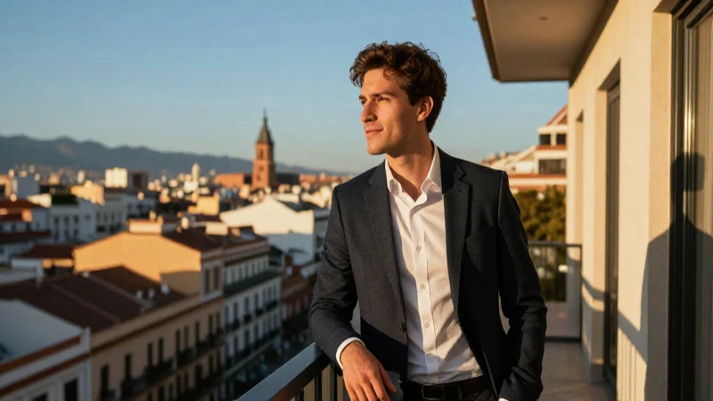 Joven profesional en balcón español