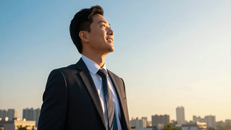 Profesional optimista en amanecer con tendencia financiera ascendente
