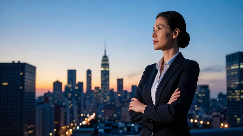 Mujer profesional segura observa la ciudad al alba