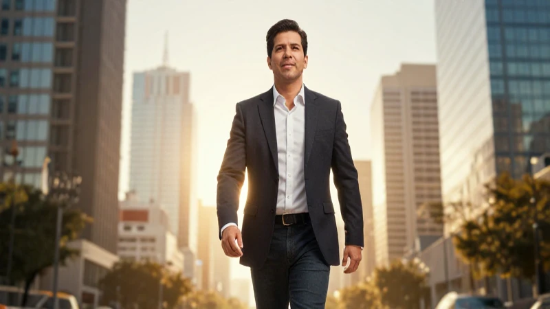 Hombre mexicano en ciudad iluminada con dramatismo