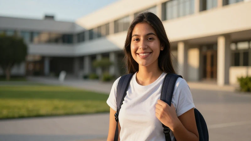 Estudiante mexicano sonriente en campus moderno