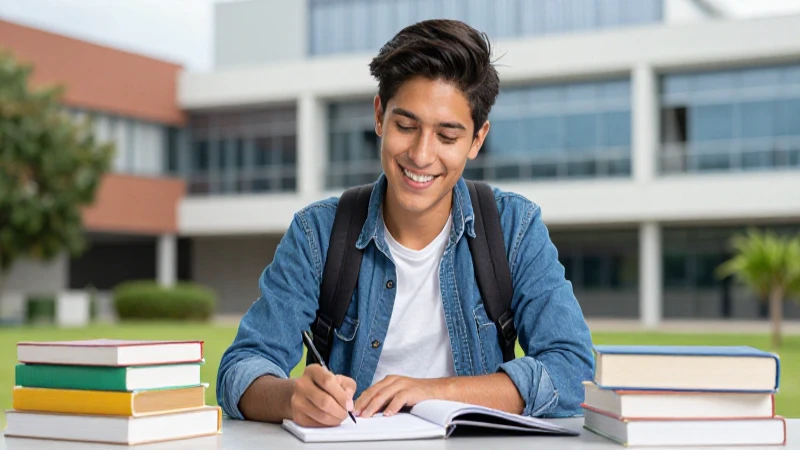 Joven estudiante mexicana sonriente estudia en el campus