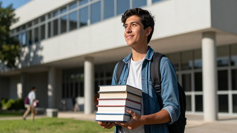 Estudiante mexicano con libros en moderno campus universitario