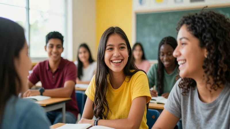 Jóvenes mexicanos riendo en aula moderna