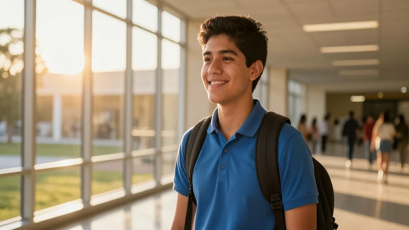 Joven estudiante mexicano ilumina campus moderno
