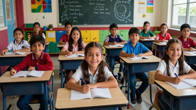 Niños mexicanos alegres en aula moderna, fotografía profesional