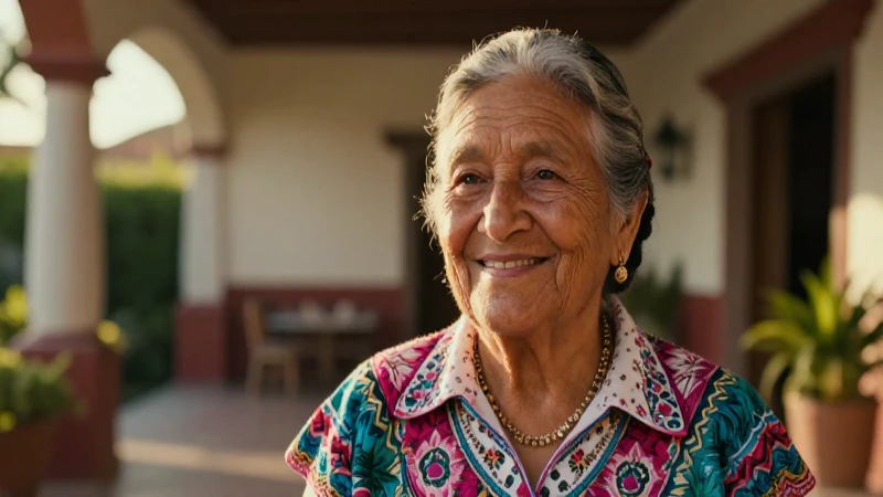 Retrato cinematográfico de anciana mexicana sonriente