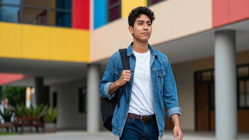 Estudiante mexicano camina por un campus universitario moderno