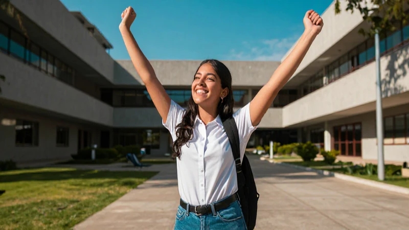 Estudiante mexicano exitoso en campus moderno