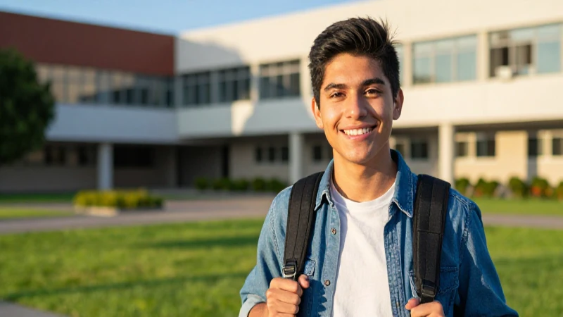 Estudiante universitario sonríe en campus moderno