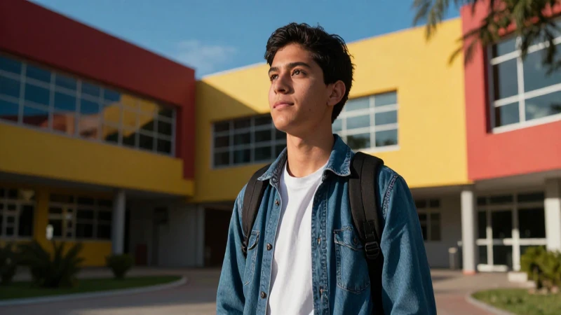 Estudiante mexicano determinado en campus universitario moderno