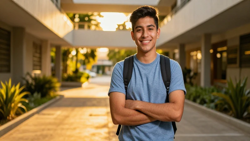 Estudiante mexicano exitoso en entorno universitario moderno