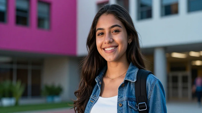 Estudiante mexicana sonriente en campus moderno