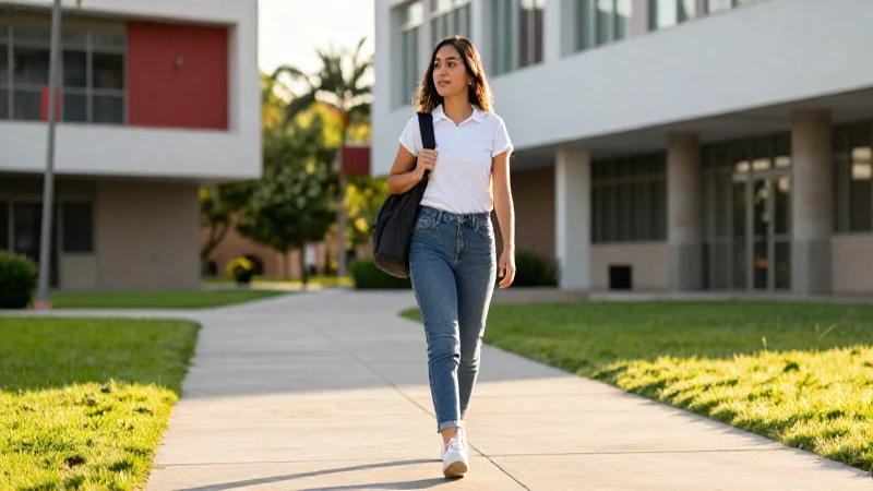 Joven mexicana camina confiadamente por el campus