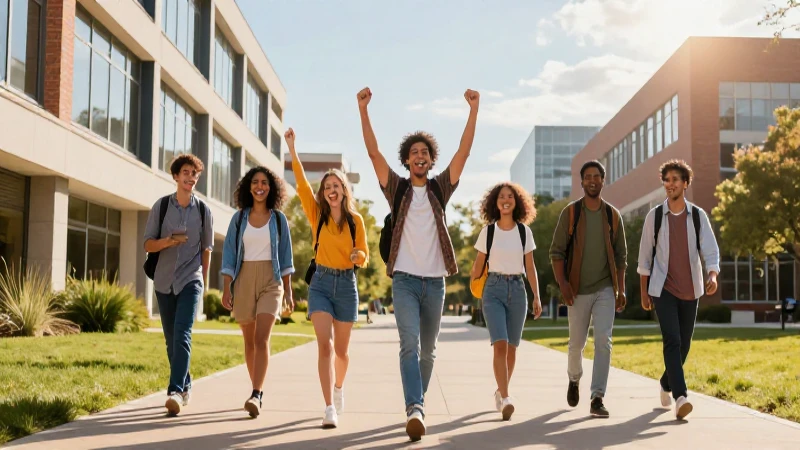 Estudiante exitoso camina por el campus soleado
