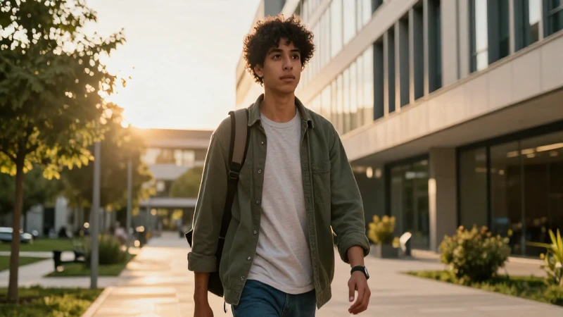 Estudiante universitario busca beca en campus vibrante