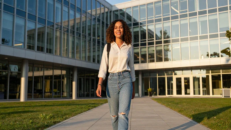 Joven sonriente hacia universidad moderna