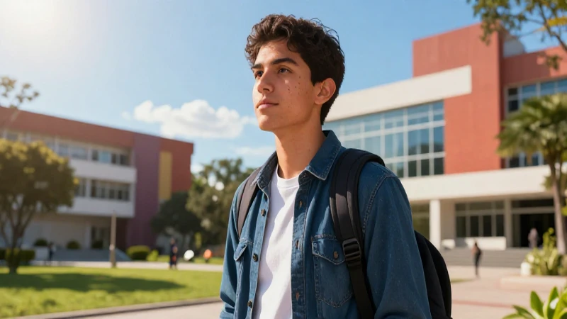 Joven mexicano en campus universitario vibrante y moderno
