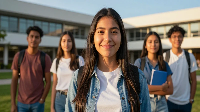 Estudiante mexicano exitoso en campus moderno
