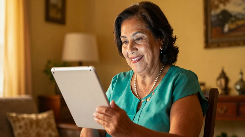 Mujer mexicana mayor sonríe con una tablet en su casa