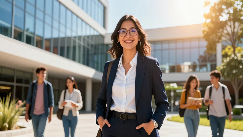 Estudiante sonríe en moderno campus universitario