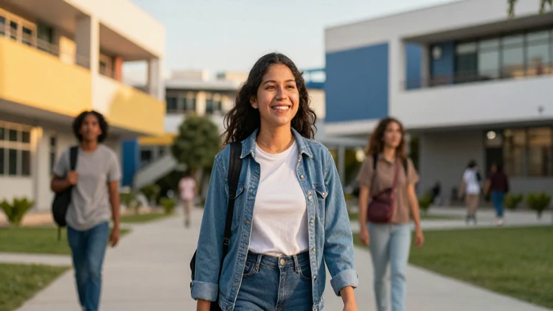 Estudiante mexicana sonríe en campus moderno al atardecer