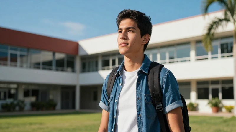 Joven ambicioso en moderno campus vibrante