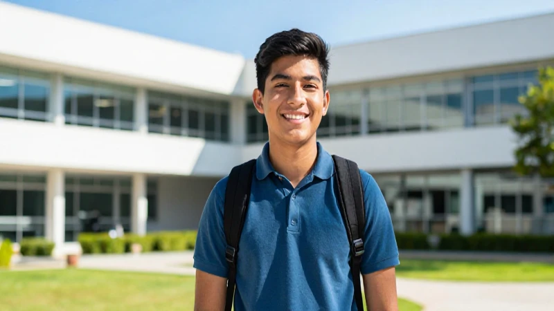 Estudiante mexicano brillante en campus moderno