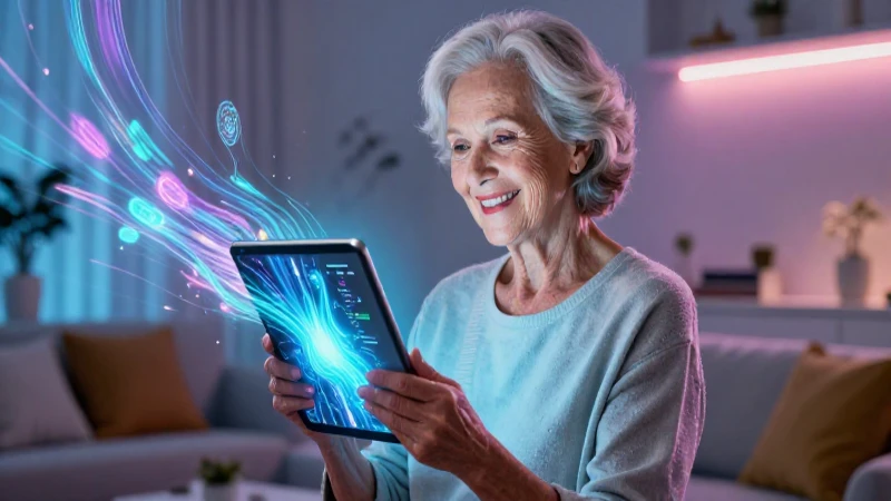 Abuela sonríendo a tablet digital futurista
