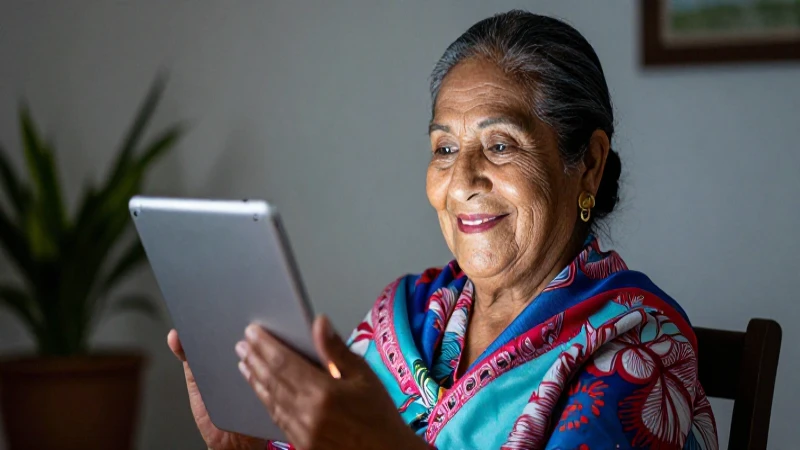 Mujer mexicana sonriente con tablet en primer plano