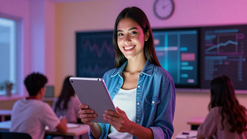 Cómo puedo ver las calificaciones de mi hijo en la escuela 40 Estudiante mexicana sonríe con tablet futurista