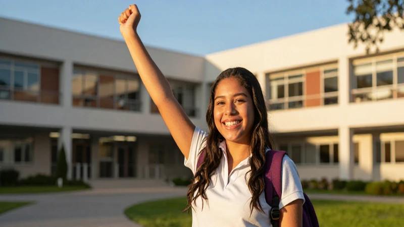 Estudiante mexicana exitosa en campus moderno