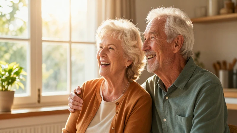 Pareja anciana feliz en hogar acogedor