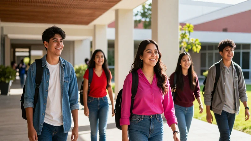 Estudiantes mexicanos vibrantes en campus moderno